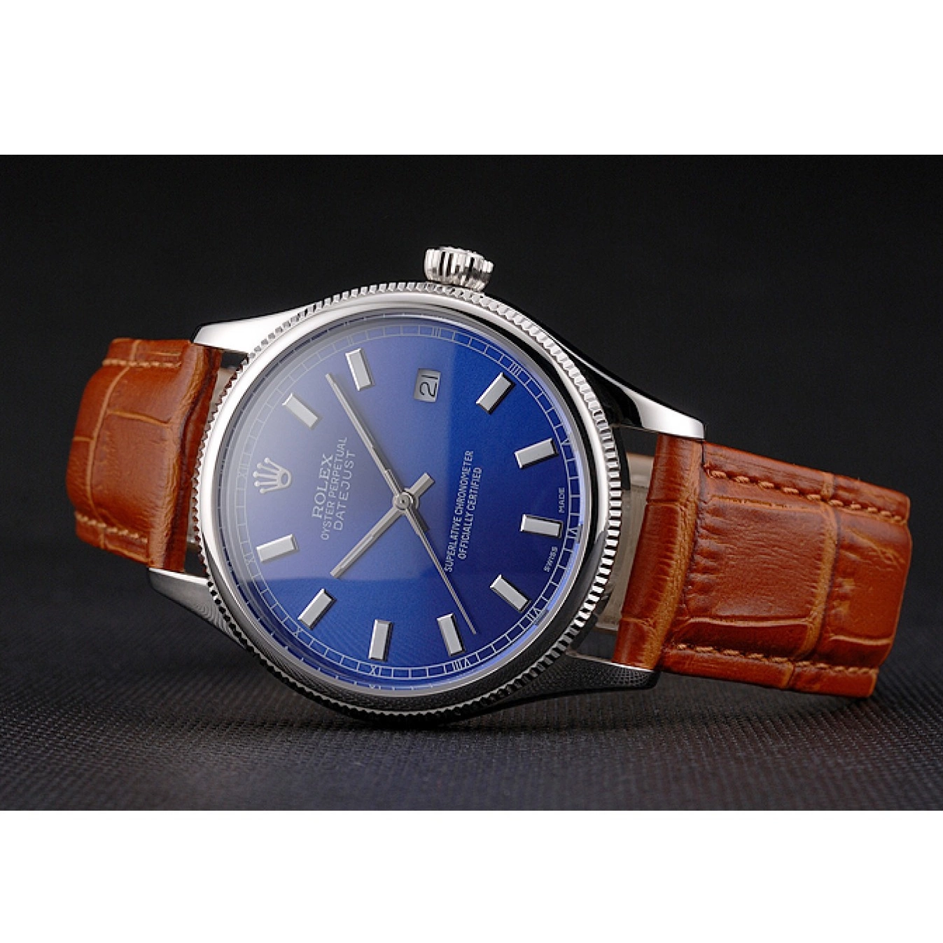 Aaa replica watch Case Leather Datejust Stainless Blue Swiss Brown Dial Steel Strap Rolex Light 0816